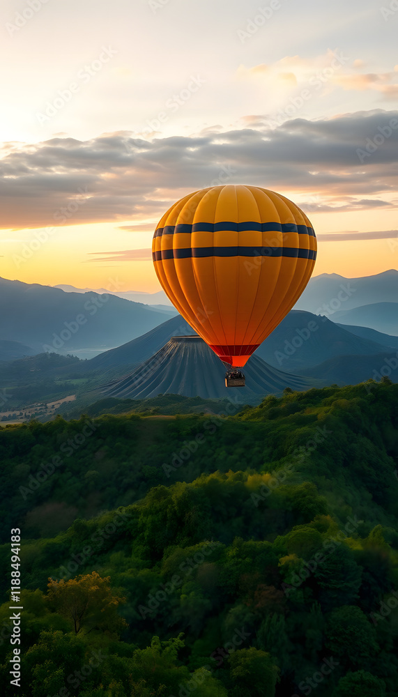 Fototapeta premium A hot air balloon drifts above vibrant green mountains with a volcano in the soft light of dawn.