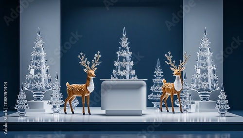 A festive Christmas card featuring a deer silhouette amidst a snowy winter forest