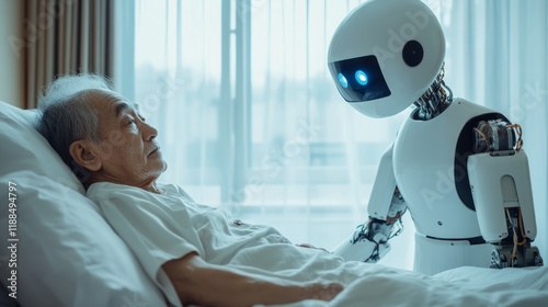 Robot medical doctor diagnosing a old patient who is lying in bed.  photo