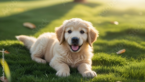 Adorable Golden Retriever Puppy Sitting on Grassy Lawn in Sunlight photo