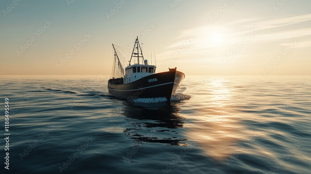 A large fishing boat sailing calmly through the open sea A large fishing boat sailing calmly through the open sea