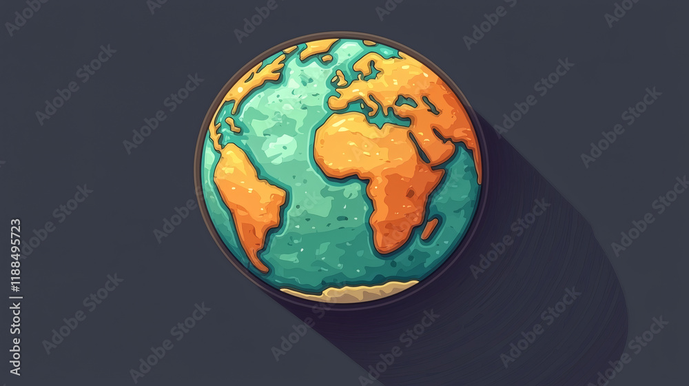 Naklejka premium Pixel Earth: A stylized, pixel-art depiction of planet Earth, vibrant in teal and orange hues, casts a long shadow against a deep gray backdrop. The illustration offers a unique and modern aesthetic.