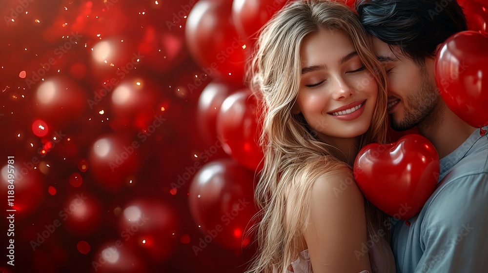 Romantic couple embracing amidst red heart balloons. Romantic couple embracing amidst red heart balloons.