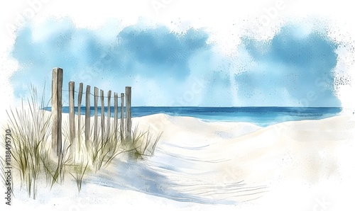 Sand dunes with wooden fence and dune grass by sea in watercolor style