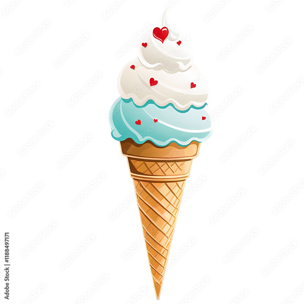Sweet Ice Cream Treat: A delectable double scoop ice cream cone, featuring creamy vanilla and refreshing mint ice cream, adorned with tiny red hearts, promises a delightful summer treat. Sweet Ice Cream Treat: A delectable double scoop ice cream cone, featuring creamy vanilla and refreshing mint ice cream, adorned with tiny red hearts, promises a delightful summer treat.