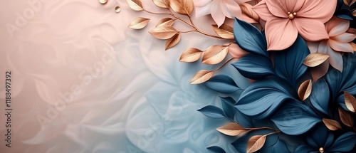 Elegant floral arrangement with rose gold leaves and blush pink flowers on a soft blue and pink background.