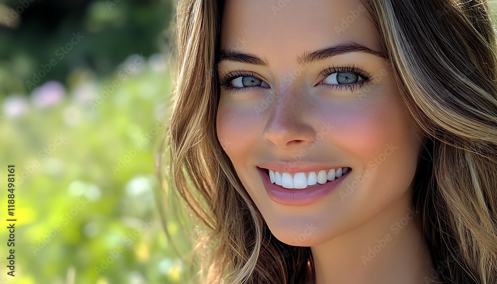 Close up portrait of a smiling young woman with freckles and long hair in a sunny outdoor setting Close up portrait of a smiling young woman with freckles and long hair in a sunny outdoor setting