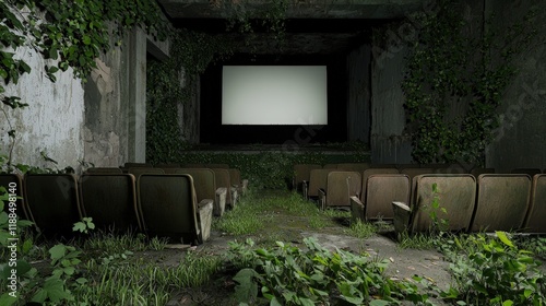 An abandoned cinema overtaken by nature, showcasing empty seats and walls covered in greenery, with a blank screen in front.