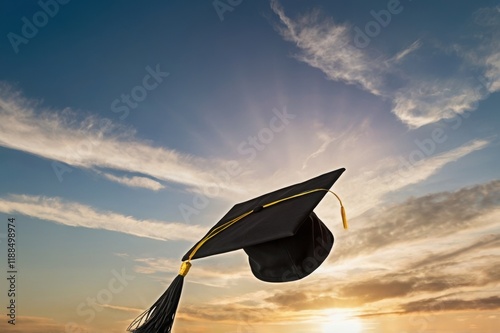 A graduation cap thrown in the air during sunset