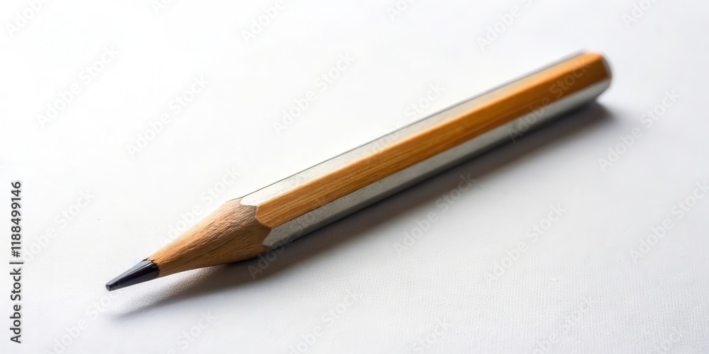 A single pencil lies on a plain white background with a subtle texture, its sharp tip pointing towards the top right corner , office supply, graphite core A single pencil lies on a plain white background with a subtle texture, its sharp tip pointing towards the top right corner , office supply, graphite core