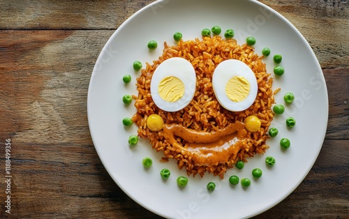 Wallpaper Mural A plate of curry rice styled as a face, with egg halves for eyes, peas for freckles, and a curry sauce smile on a white plate Torontodigital.ca