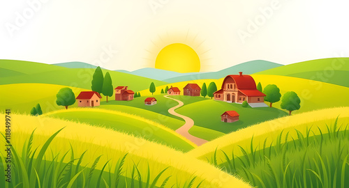 landscape with green field and sky ,''nature landscape'' , ''nature'' , ''grass field'' , ''village'' , ''village home'' , natural background illustration