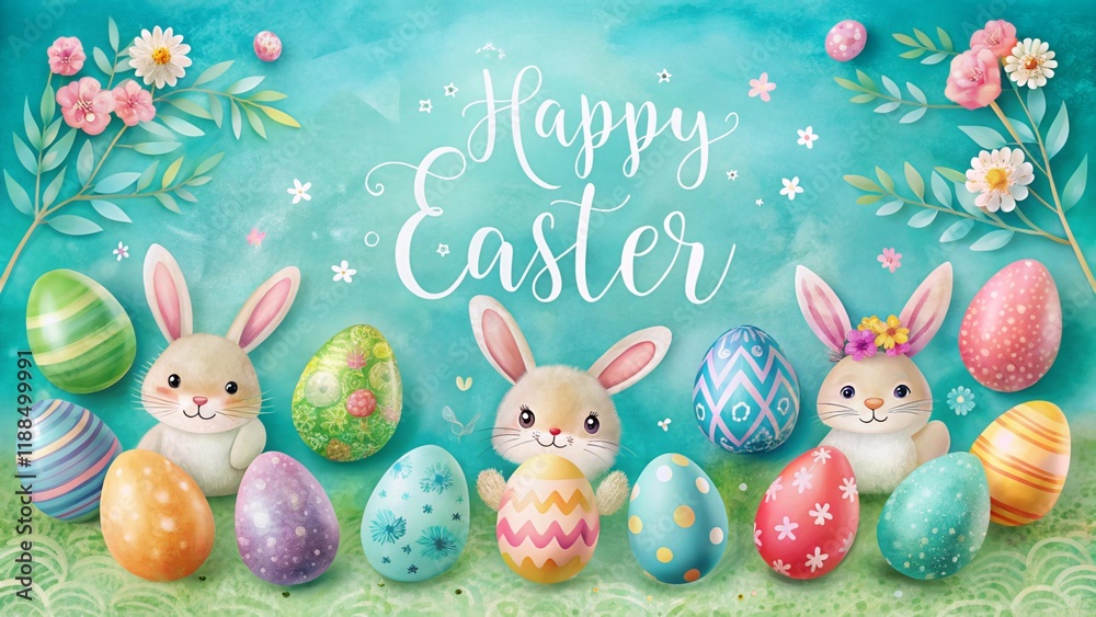 Obraz premium Watercolor Easter Scene with Eggs and Bunnies. Perfect for: Easter, Watercolor art, Spring