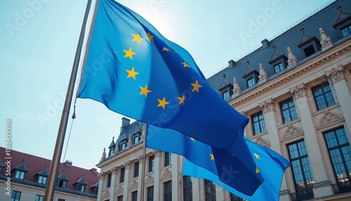 European Union Flag in Front of a Historical Building photo