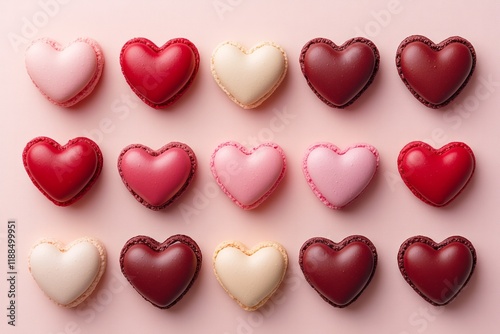  A flat lay of heart-shaped macarons in various shadeson red and pink tones 