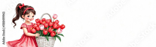 Painted smiling girl in a pink dress is holding a white wicker basket with a large bouquet of pink and red tulips inside. Banner with blank space for text. White background photo