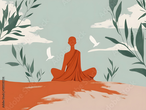 A picture of landscapes with an anime style. Ikigai, concept of balance