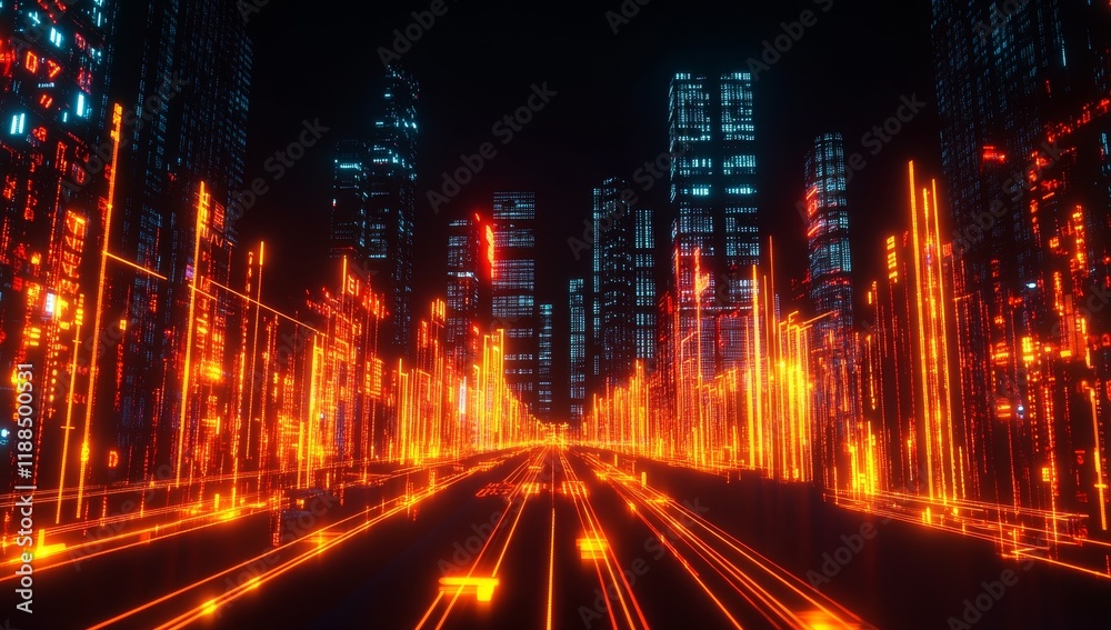 Fototapeta premium Futuristic city streets at night with glowing digital lines and skyscrapers.