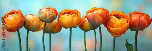 Close-up of Seven Orange Tulips Against a Soft Blue Background photo