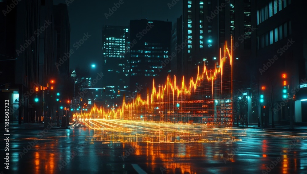 Fototapeta premium Night city street with glowing stock market graph overlay.