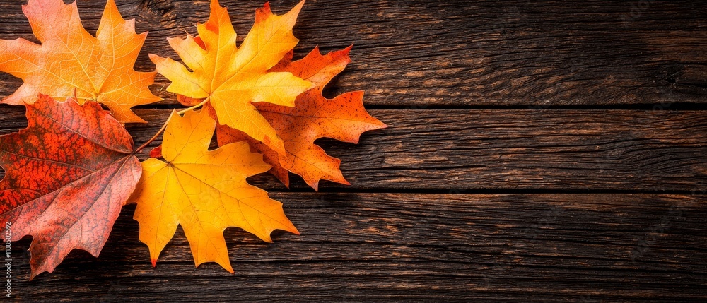 Obraz premium Autumn Fall Leaves on Rustic Wooden Background Thanksgiving Nature