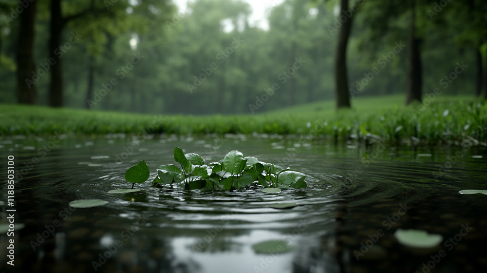 Rainfall creates ripples around blooming green leaves Rainfall creates ripples around blooming green leaves