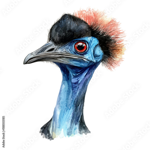 A watercolor vector painting of a cassowary, isolated on a white background. Cassowary vector.

