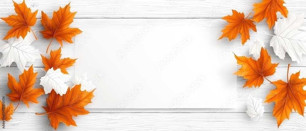 Autumnal White Wood Background with Orange and White Maple Leaves and Blank Space