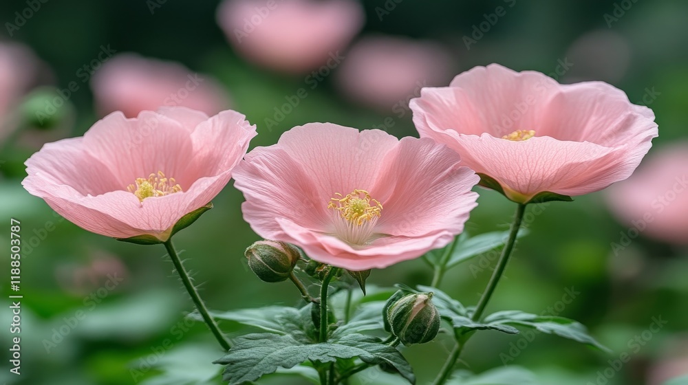 Obraz premium Close-up View of Three Delicate Pink Flowers in Full Bloom