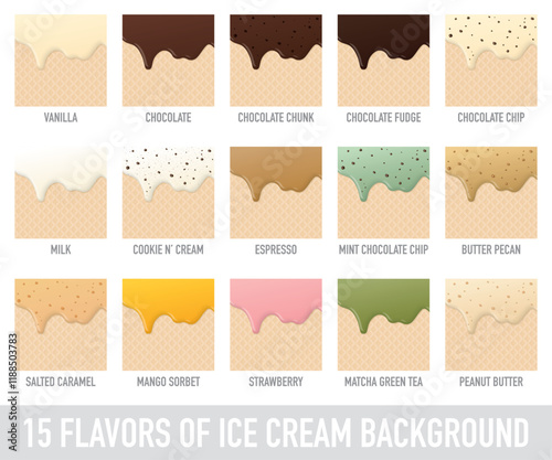 Melted various flavors ice cream dropping on ice cream cone texture square background template graphic illustration have blank space.