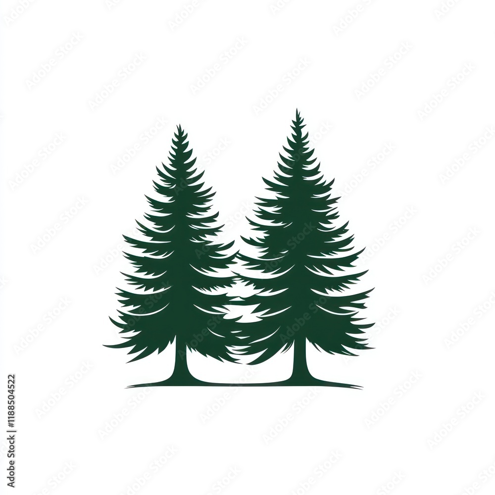 Twin Evergreen Trees Stand Tall Against White Background Twin Evergreen Trees Stand Tall Against White Background