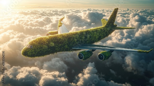 Eco-friendly airplane floats in clouds. Sustainable air travel concept. Plane covered in green plants eco-friendly fuel. Future of aviation, environmental conservation. Sustainable transportation.