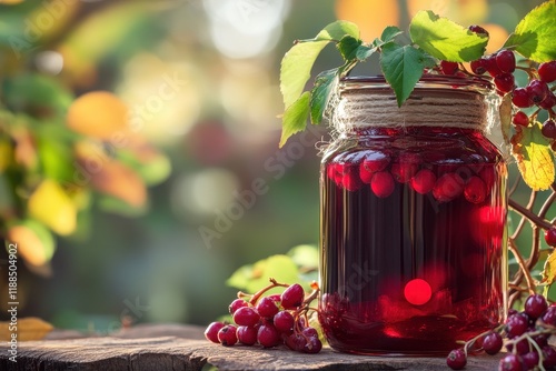 Jar of hawthorn berries in red wine for medicinal brew photo