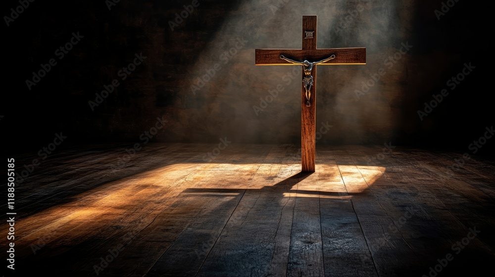 Naklejka premium Scene of the wooden cross with metal Jesus Christ with light and shadow stand on the church floor, good friday, easter, with blank copy space
