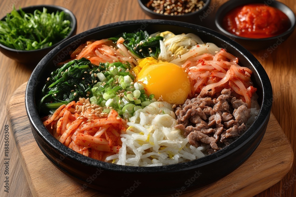 Jeonju Bibimbap with assorted side dishes on a wooden table Bibimbap is a traditional Korean mixed rice dish with meat and vegetables Jeonju Bibimbap with assorted side dishes on a wooden table Bibimbap is a traditional Korean mixed rice dish with meat and vegetables