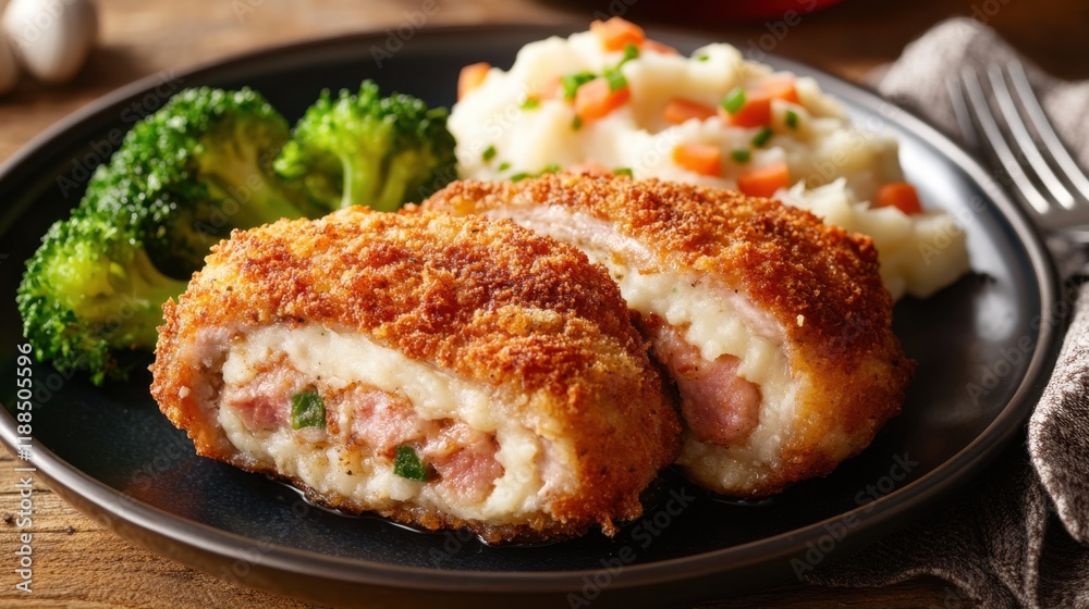 Crispy Chicken Dish with Broccoli and Mashed Potatoes on Plate Crispy Chicken Dish with Broccoli and Mashed Potatoes on Plate