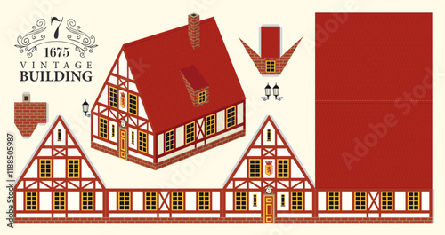 Old building in classic German style with tiled roof. Vector mockup for paper. Cute vintage christmas toy house