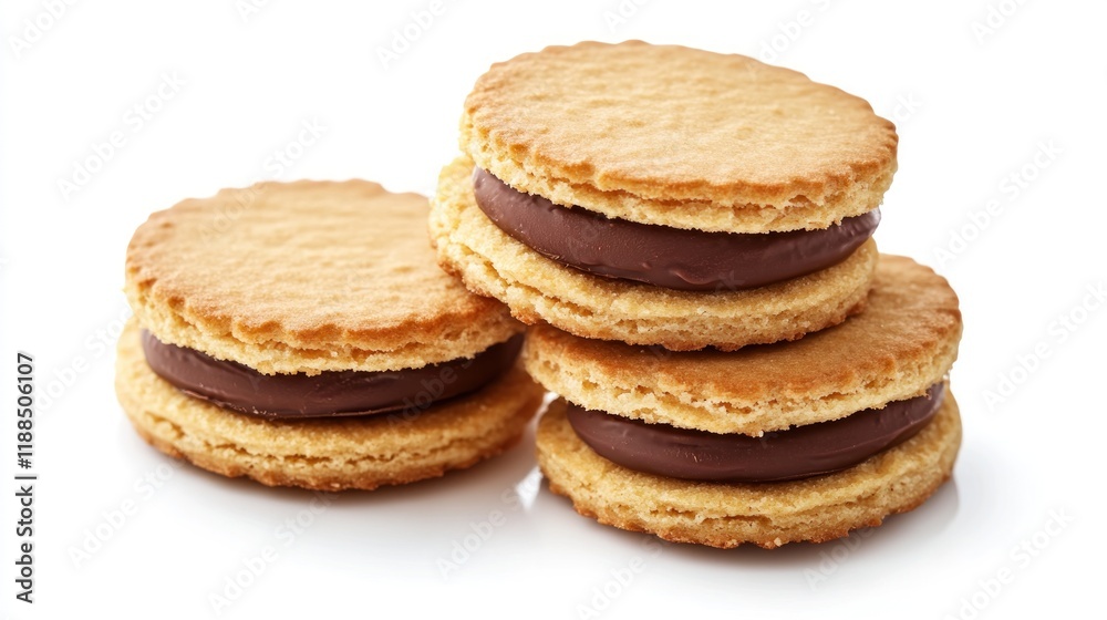 Three chocolate sandwich cookies stacked on white background. Three chocolate sandwich cookies stacked on white background.