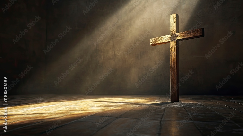 Naklejka premium Scene of the wooden cross with metal Jesus Christ with light and shadow stand on the church floor, good friday, easter, with blank copy space