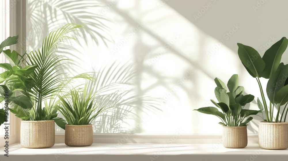 A row of potted plants sit on a window sill, with one of them being a palm tree A row of potted plants sit on a window sill, with one of them being a palm tree