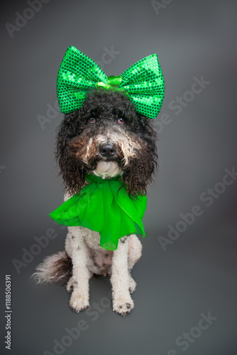 Bernedoodle wearing a green bow and scarf for St Patrick's Day photo