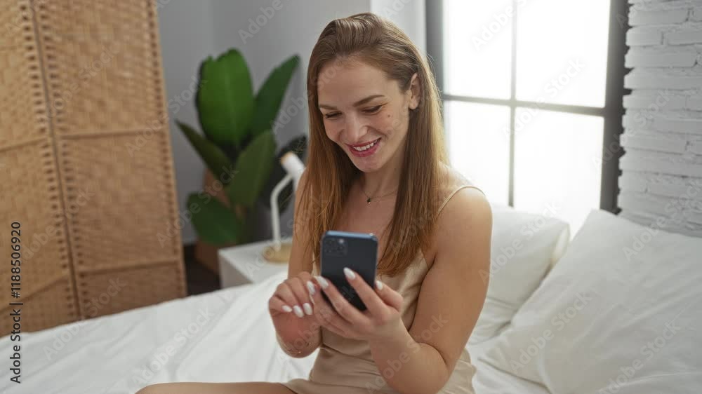 Woman smiling while using phone indoors on bed in a cozy bedroom environment, showcasing modern relaxation and technology. Woman smiling while using phone indoors on bed in a cozy bedroom environment, showcasing modern relaxation and technology.