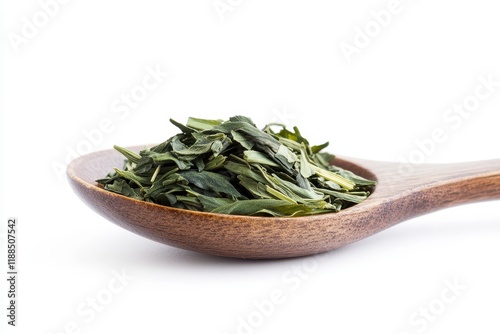 Jiaogulan tea leaves on a spoon against a white background photo