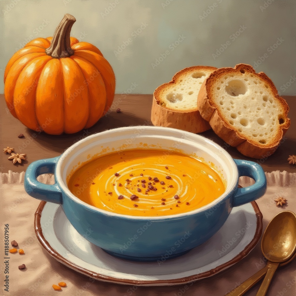 The image is a painting of a bowl of orange soup with a slice of bread on the side. The soup is in a blue ceramic bowl with a white rim and is placed on a white plate with a gold spoon.