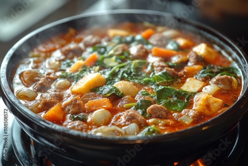 Steaming pot of vegetable soup cooking on stove photo