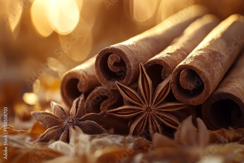 Cinnamon sticks and anise stars on a wooden surface photo