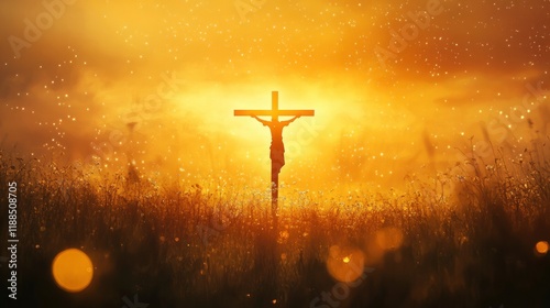Silhouette of Jesus christ crucifix on cross over heaven sunset concept for catholic religion, christian worship, Christmas, happy Easter Day, Thanksgiving prayer and praise good friday, bible 
