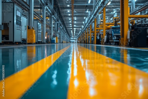 Empty modern warehouse with yellow safety lines photo