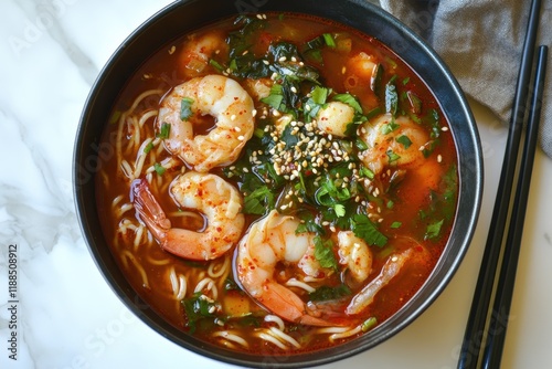 Jjamppong is a spicy red seafood noodle soup from Korea seasoned with chili powder Bird s eye view photo