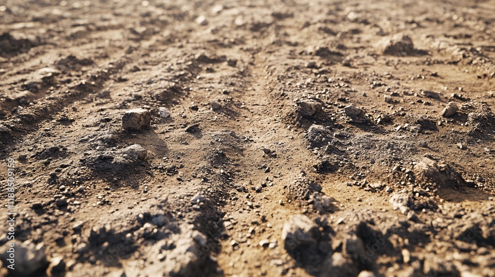Close-up of rugged, earthy terrain with visible tire tracks and scattered rocks reflecting the light. Close-up of rugged, earthy terrain with visible tire tracks and scattered rocks reflecting the light.